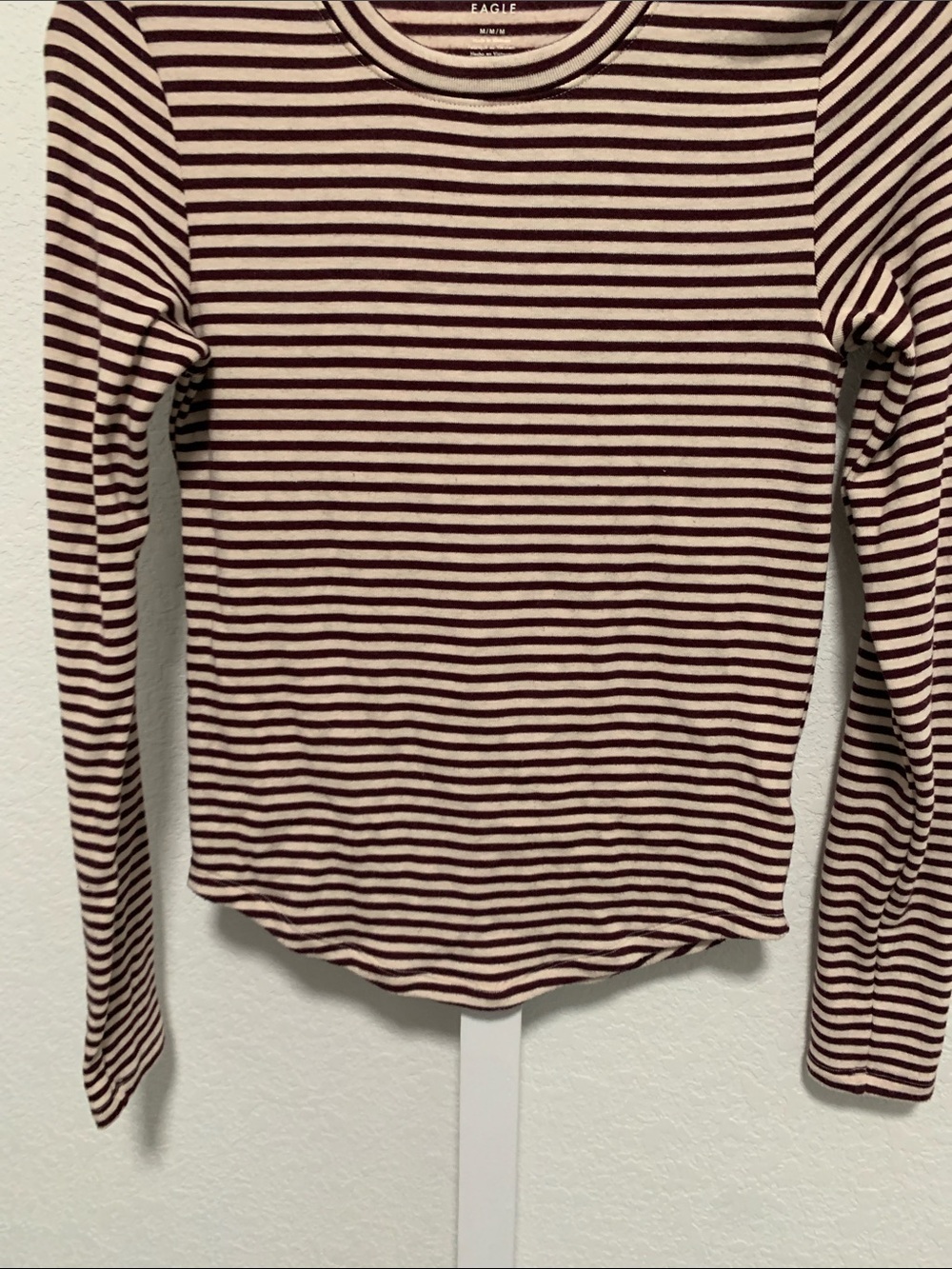 American Eagle Dark Purple Cream Striped Long Sleeve Crewneck Top - Picture 4 of 8
